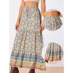 This floral printed skirt makes a great vacation choice. Women's boho vintage print maxi skirt, a must-have skirt and a good skirt gift idea for Spring, Summer, and Fall. Regular fit, just enjoy your leisure time with ease. Team with flat sandals and a relaxed shirt or peasant top. Pair it with sandals or heels for a perfect look. Peasant Skirt, Printed Maxi Skirts, Bohemian Floral, Floral Print Skirt, Women's Skirts, Maxi Skirts, Boho Casual, Boho Women, Peasant Tops