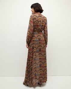 Meet the Makenzie, our elevated take on bohemian dressing. Made from 100% silk, this relaxed style is defined by graphic tapestry print. A deep-V neckline, a cinched-in waist, and buttons down the front complete the look. Pair with sandals for weekend and getaways.100% SilkDry clean onlyStyle #2409GG6221175 Bohemian Silk Dress With Ikat Print, Bohemian V-neck Maxi Dress With Abstract Print, Bohemian Patterned Dresses For Daywear, Bohemian Patterned Daywear Dresses, Bohemian Patterned Day Dresses, Bohemian Patterned Maxi Dress With Abstract Print, Bohemian Paisley Print Daywear Dresses, Silk Maxi Dress With Floral Print For Fall, Bohemian Long Sleeve Maxi Dress With Abstract Print