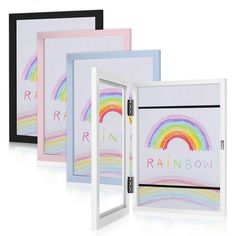 three different colored frames with the word rainbow painted on them, and one is open