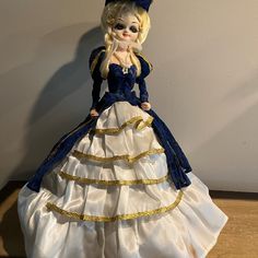 Victorian-Era Doll With Blue Velvet Dress And White/Gold-Accent Satin Petticoat. The Doll Purchased In The 1970’s Is In Excellent Condition. Blue Velvet Dress, Dolls Accessories, The Doll, Gold Accent, Victorian Era, Blue Velvet, Doll Accessories, Petticoat, Velvet Dress