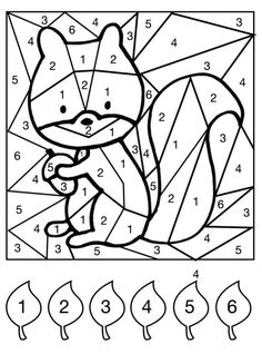 a coloring page with numbers and an image of a little squirrel in the forest, which is