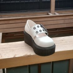 The Demonia Creeper-230 Maryjane In White Has A 3 Inch Platform As Well As An Adjustable Strap With Two Rows Of Black Grommet Hardware. #Creepers #Maryjanecreeper #Demonia #Demoniacreeper White Maryjane, Demonia Creepers, Shoes Demonia, White Creepers, Rave Boots, Demonia Platforms, Goth Platforms, Mary Jane Platform Shoes, Goth Boots