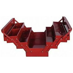 three red metal storage bins with handles and dividers on each side, set against a white background