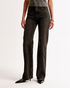 Elevate your denim collection with the Abercrombie & Fitch Women's High Rise 90s Relaxed Jean in Washed Black. These jeans are a nod to vintage style, enhanced with modern comfort.

- Size: 34 REG
- Color: Washed Black with Raw Hem
- Material: Cotton, Elastane
- Gender: Female
- High rise: 10.5 inches
- Fit: Fitted at the waist and hips, relaxed from thigh to full-length leg
- Features: Raw hem, vintage stretch fabric for added comfort

Perfect for creating effortlessly chic outfits, these jeans High Rise 90s Relaxed Jean, Effortlessly Chic Outfits, Women's Bottoms, Relaxed Jeans, High Rise Jeans, 90s Fashion, Modern Woman, Vintage Looks, Chic Outfits