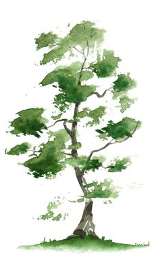 a watercolor painting of a tree with green leaves