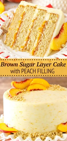 two slices of brown sugar layer cake with peach filling