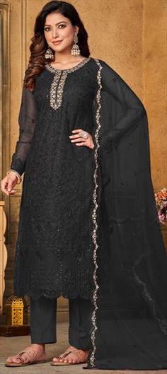 Black and Grey color Salwar Kameez in Net fabric with Embroidered, Resham, Sequence, Thread work Black Unstitched Suit With Pallu For Diwali, Black Semi-stitched Churidar For Wedding, Formal Black Churidar With Dabka Work, Black Churidar For Wedding And Diwali, Diwali Wedding Black Churidar, Formal Black Churidar With Zari Work, Formal Black Churidar With Traditional Drape, Wedding Black Churidar With Traditional Drape, Wedding Traditional Black Churidar