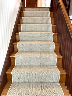 Beautiful all natural wool carpet style. Kaleen, Martinique in the color Silver. Neutral carpet with stripe and herringbone design. Sisal Runner, Stair Ideas, Runner Inspiration, Foyer Staircase, Stair Banister, Staircase Runner, Oak Stairs, Wood Staircase, Stair Carpet