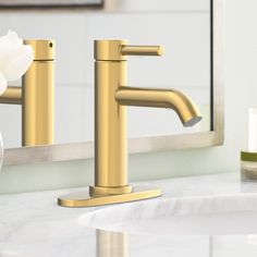 a bathroom sink with gold faucet and marble counter top