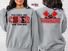 Personalized Cheer Cheerleading Cheerleader School Spirit Shirt, T-Shirt Crewneck, Hoodie Hooded Sweatshirt Football, Baseball, Basketball, Softball, Track, Volleyball, Cross Country, Cheer, Wrestling Not all colors are available in all sizes and styles.  Please check the color and size charts in photos. We do our best to accurately represent shirt colors by using actual photos but do understand that all monitors will display differently. Please contact us prior to purchase with any questions on sizing or colors. Your purchase includes a custom imprint created specifically for your team! A product proof will be emailed to you within 1 business day.  Please keep an eye on your Etsy messages and reply with any changes within 24 hours. Your order will be sent to production after that time if Cheer Comp Shirt Ideas, Cheer Outfits For School, Cheer Sweatshirts Design, Cheer Tshirt Designs, Cheerleading Shirts Designs, Cheer Team Shirts, Cheerleading Tshirts, Represent Shirt, School Spirit Shirts Designs