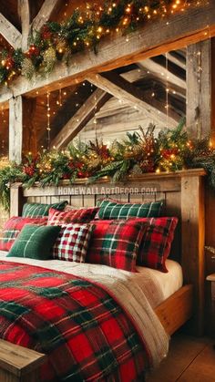 a bedroom decorated for christmas with lights and plaid bedding