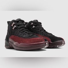 Following The Successful Release Of Their Air Jordan 4 Collaboration In 2022, A Ma Manire Is Back Partnering With Jordan In 2023, On A Women's Exclusive Air Jordan 12 Retro Sp. A Ma Manire Is Using Nothing But The Best Quality Materials On Their Latest Collaboration, Using Premium Black Nubuck On The Uppers, And Burgundy Suede Mudguards. The Limited Edition Sneakers Are Tied Together With Black Wax Rope Laces And Come With An A Ma Manire Branded Keychain. The Women's-Exclusive Air Jordan 12 Retr Black Suede Sneakers With Boost Midsole, Black Suede Custom Sneakers For Sports, Black Suede Custom Sporty Sneakers, Custom Black Suede Sneakers With Abzorb Midsole, Black Suede Sneakers With Cushioned Footbed, Black High Top Sneakers, Womens Basketball Shoes, Air Jordan 12, Embroidery Shoes