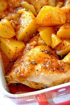 chicken and potatoes in a casserole dish