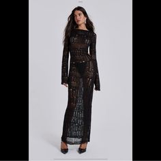 Stunning Crochet Maxi Dress From Jadedldn. Perfect For Festival! Black Sheer Maxi Dress For Beach, Black Sheer Maxi Dress For The Beach, Fitted Black Maxi Dress For Beach, Black Sheer Long Maxi Dress, Crochet Maxi Dress, Crochet Maxi, Jaded London, London Dresses, Maxi Dress