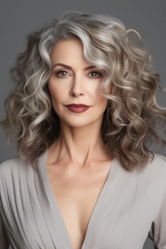 " curly hair on women really attractive and sexy.Unlock the Secrets to Your Perfect Curly Haircut! Expert Tips for Gorgeous Curls. Brown Lowlights, Grey Curly Hair, Grey Hair Inspiration, Medium Curly Hair Styles, Gray Hair Highlights, Curly Hair Women, Hairstyles Over 50