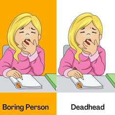 two cartoon images of a woman sitting at a table with her mouth open