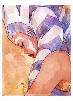 a watercolor painting of a woman laying on her stomach wearing a blue and white bathing suit