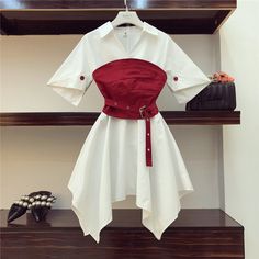 Red Corset Belt White Dress Summer Design Asymmetry OG0667 Korean Fashion Autumn, Red And White Outfits, Dress Half Sleeve, Half Sleeve Shirt, Red Corset, Elegante Casual, Fashion Autumn, Mode Inspo, Set Free