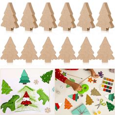 christmas tree cut outs are being used to make paper decorations for the holiday season, and then decorated with felt