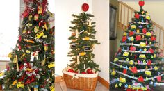 two christmas trees decorated in different colors and designs, each with their own name tags