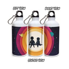 three different styles of water bottles with the same design on them, one has a couple holding