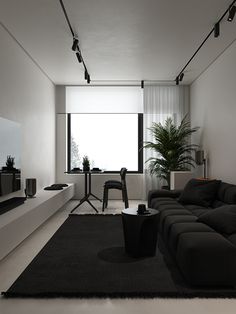 a black and white living room with modern furniture