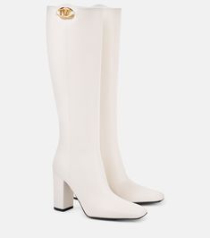 VLogo Bold 100 leather knee-high boots in white - Valentino Garavani | Mytheresa Valentino Boots, V Logo, Leather Knee High Boots, Valentino Garavani Shoes, Faux Pearl Earrings, Knee High Leather Boots, White Boots, Evening Shoes, Boots For Sale