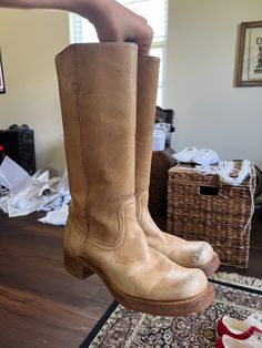 Vintage Frye Boots Outfit, Vintage Frye Campus Boots, Free People Brayden Western Boots, Vintage Brown Knee-high Boots, Thrift Manifestation, Tv Nook, Life Vibes, Thrift Inspo, Shoe Fits