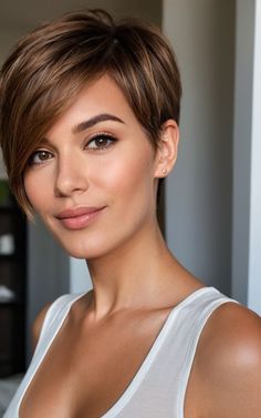 Achieve a youthful glow with these 17 honey brown hair ideas. These vibrant and fresh styles will rejuvenate your look and bring out your inner radiance. Brunette Pixie Cut, Brown Hair Ideas, Brown Pixie Cut, Headbands For Short Hair, Longer Pixie Haircut, Wavy Bob Haircuts, Short Red Hair, Honey Brown Hair, Long Face Hairstyles