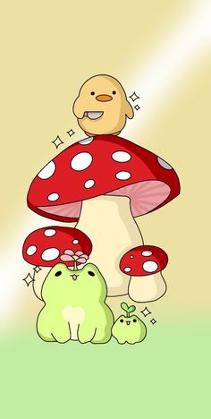 a cartoon character sitting on top of a mushroom with two smaller mushrooms behind him and one larger mushroom in the foreground