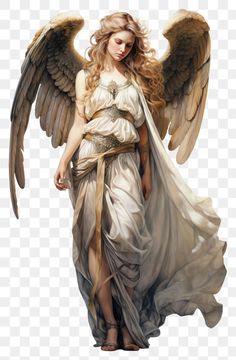 an angel with long blonde hair and wings on her body, standing in front of a white