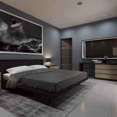 a bedroom with a large painting on the wall