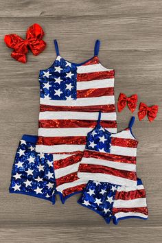 Mom & Me - Patriotic Sequins Tank Short Set - Sparkle in Pink Patriotic Costumes, Mommy Daughter Outfits, Kid Outfits, Sparkle In Pink, Orange Swimsuit, 4th Of July Outfits, Striped Swimsuit, Mommy And Me Outfits, Sequin Tank