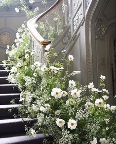 some white flowers are growing on the stairs