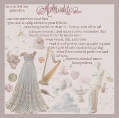 an image of a dress and other items in the frame with words describing how to feel like an aphrodite