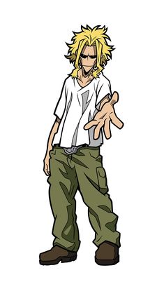 an image of a man with blonde hair and green pants holding his hands out to the side