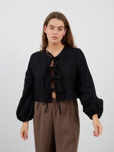 Heavy Tie Front Linen Top KOA / Cropped Linen Jacket - Etsy Cropped Linen Top For Fall, Spring Linen Tied Top, Denim Tie, Womens Blouses, Tie Front Top, Linen Jacket, Front Tie Top, Black Linen, Linen Top