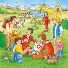 a group of children standing around a man in front of a helicopter on the grass