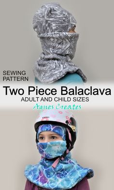 two pieces of fabric with the words two piece balckava adult and child sizes