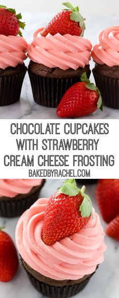 chocolate cupcakes with strawberry cream cheese frosting and fresh strawberries on top