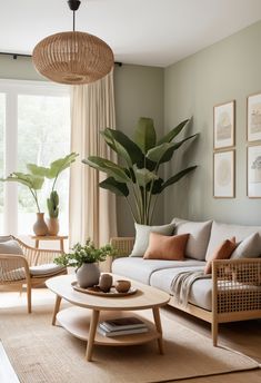 a living room filled with lots of furniture and potted plants on top of a table