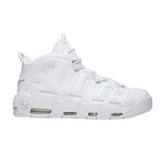 Find NIKE Air More Uptempo 'triple on Editorialist. The Nike Air More Uptempo 'Triple White' features an all-white leather upper with perforated detailing, white 'AIR' branding, and a white sole. The design also includes a full-length, visible Air unit and white and black speckled 3M reflective laces. Released in May of 2017, the sneaker dropped in a three-pack dubbed the 'Triple White Pack' alongside all-white colorways of the Air Max Uptempo and Air Max2 Uptempo silhouettes. White Basketball Shoes With Perforations For Light Sports, White-sole Basketball Shoes For Light Sports, Summit White Round Toe Sneakers For Streetwear, Summit White Sneakers For Streetwear With Round Toe, Summit White Sneakers For Streetwear, Nike Leather High-top Sneakers With Air Max, Nike Leather High-top Sneakers With Air Max Cushioning, White Leather Sneakers With Air Cushioning, Mid-top Perforated Basketball Shoes For Streetwear