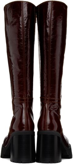 Calf-high crinkled grained leather boots in burgundy. · Square toe · Zip closure at inner side · Elasticized gusset at inner side · Stacked leather heel with rubber injection · Treaded rubber sole · Contrast stitching in tan · Heel: H3.25 Supplier color: Red Burgundy Leather Knee-high Boots, Tan Heels, Contrast Stitch, Luxury Streetwear, Leather Heels, Leather Boots, Rubber Sole, Stitching, Women Wear