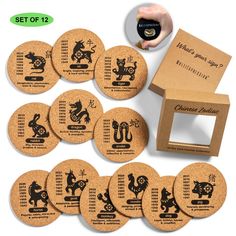 twelve cork coasters with chinese zodiac symbols on them and a box for the coaster