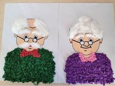 two paper cut out of the faces of older people, one with white hair and the other wearing glasses