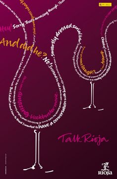 two wine glasses with words written in them on a purple and black background, one has the word's name underneath it