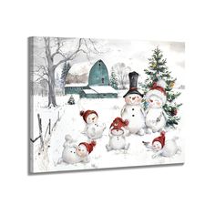 three snowmen are standing in front of a christmas tree with a barn in the background