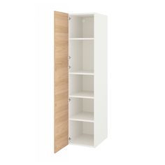 a white bookcase with three shelves on the front and two doors on the back