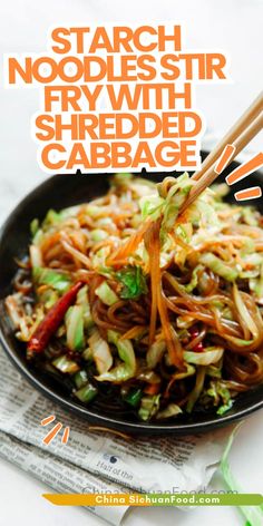 an advertisement for stir fry with shredded cabbage and chopsticks in a black bowl