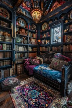 a room filled with lots of books and furniture next to a rug on the floor